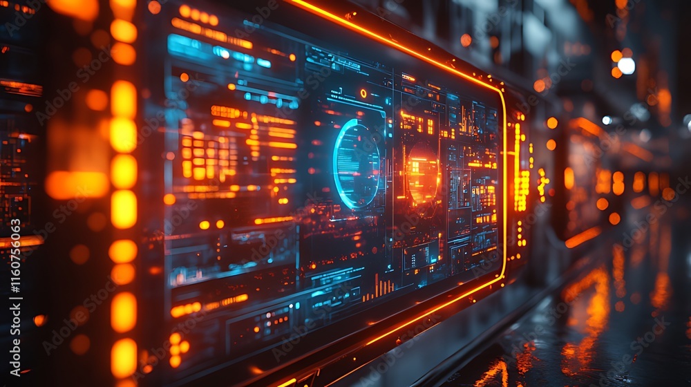 Futuristic HUD interface with glowing orange and blue digital data, graphs, and indicators. Futuristic HUD interface with glowing orange and blue digital data, graphs, and indicators.