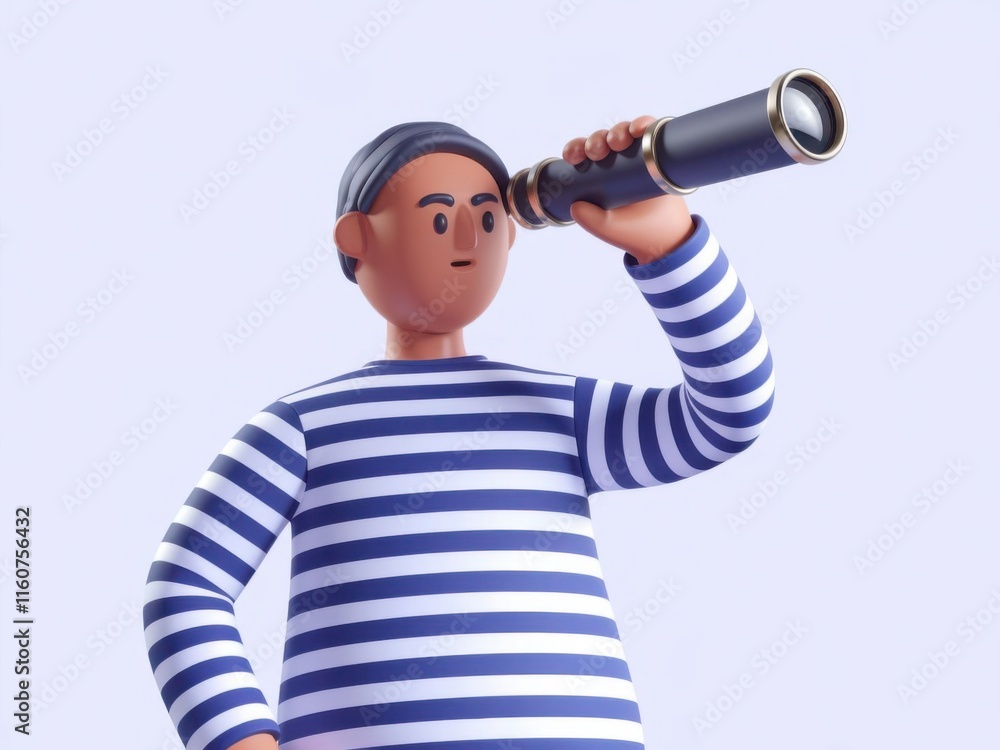 Fototapeta premium 3D Sailor Peering Through Spyglass with Confident Stance Against White Background