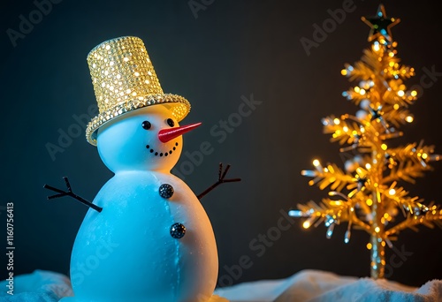 there is a snowman with a hat and a top hat on. photo