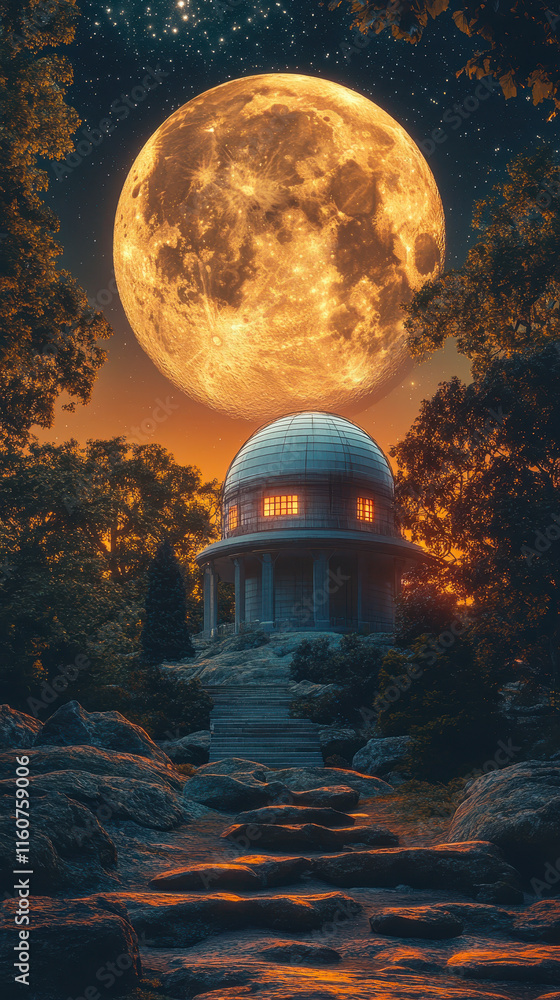Obraz premium Mystical Astronomical Observatory Illuminated by Full Moonlight in Serene Nightscape