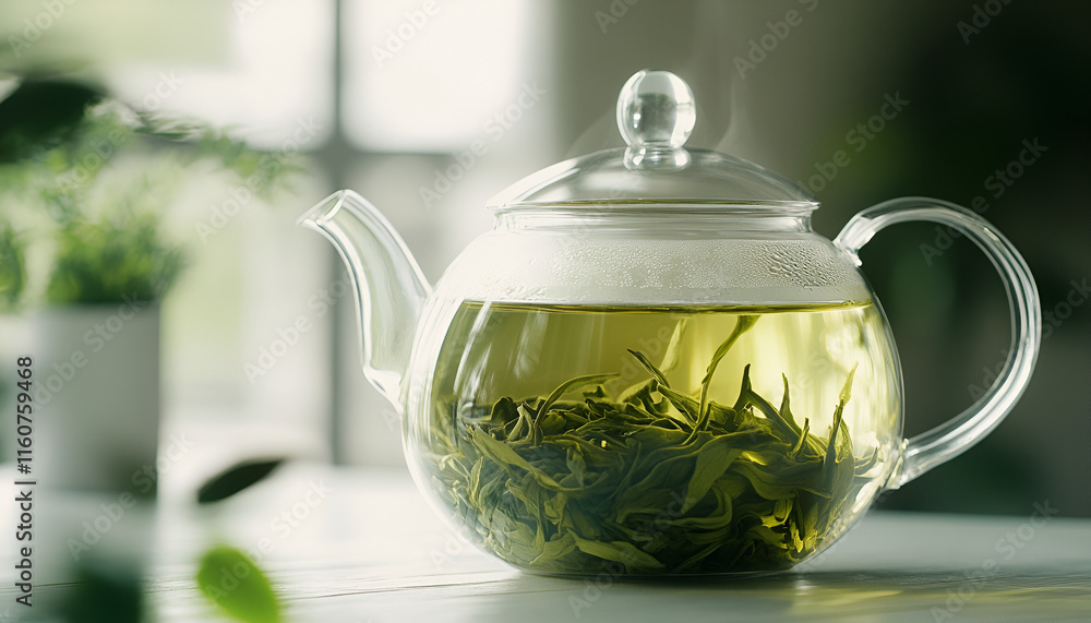Glass Teapot with Green Tea Leaves in Sunlit Room Glass Teapot with Green Tea Leaves in Sunlit Room