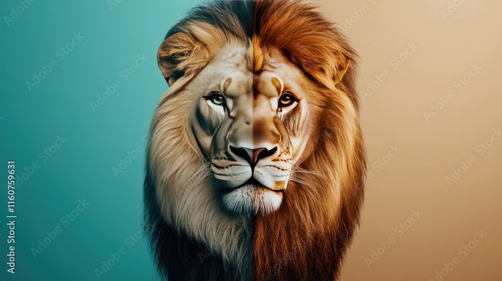 Fototapeta premium The Majestic Lion: A striking portrait of a lion's head, captured in an abstract split-tone style, against a vibrant teal and beige backdrop. The lion's piercing gaze, framed by a majestic mane.