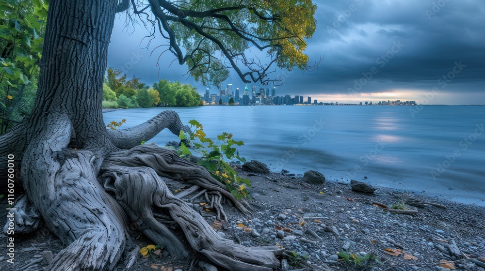 Majestic tree roots on lakeshore with city skyline and stormy sky. Majestic tree roots on lakeshore with city skyline and stormy sky.
