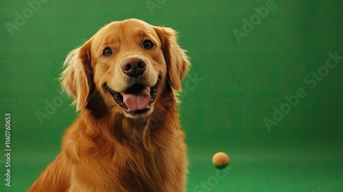 Golden Retriever Anticipation: A cheerful golden retriever, with fur the color of sunshine, gazes expectantly at a treat falling towards him. His tail wags and his tongue lolls out. photo