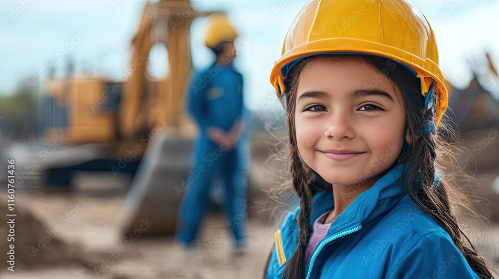 Future Engineer: A smiling girl in a yellow hard hat, dreaming big on a construction site. Future Engineer: A smiling girl in a yellow hard hat, dreaming big on a construction site.