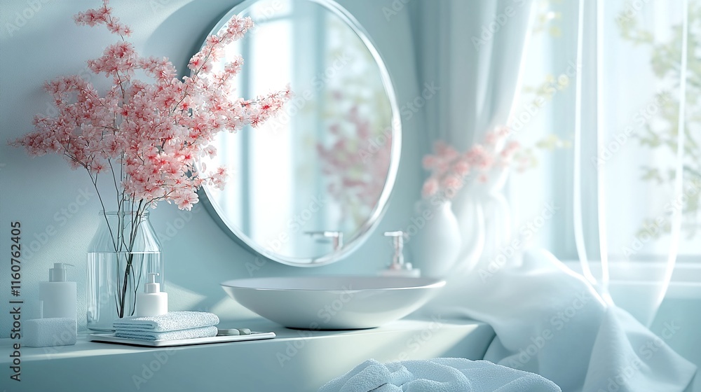 a serene bathroom scene with a round mirror and sink on a light blue countertop. a serene bathroom scene with a round mirror and sink on a light blue countertop.