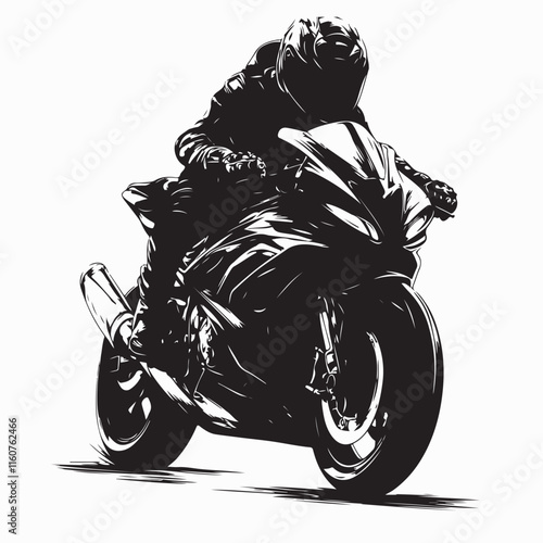 Vector silhouette biker riding motorcycle motosport racing on white background.