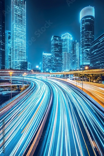 Cityscape with light trails on highway at night in futuristic urban environment photo