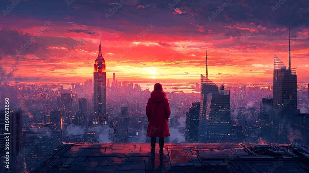 Obraz premium The girl standing at the edge of a rooftop overlooking the city at sunset.