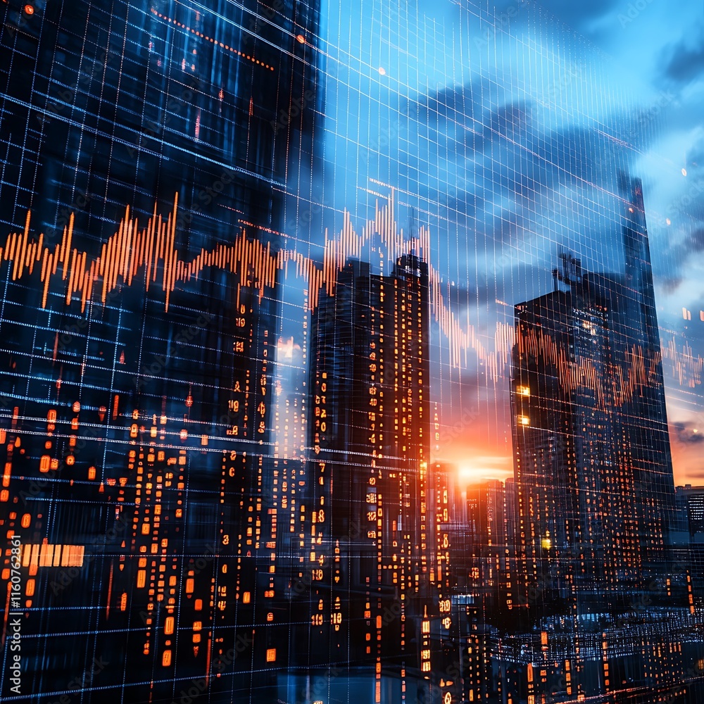 a city skyline with a graph a city skyline with a graph