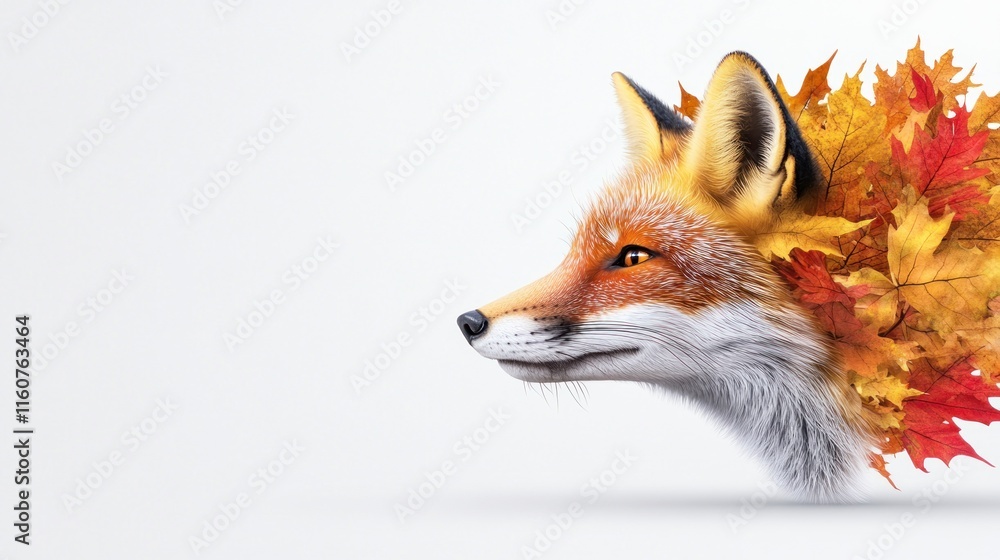 Fototapeta premium A fox's head adorned with autumn leaves, blending nature and art.