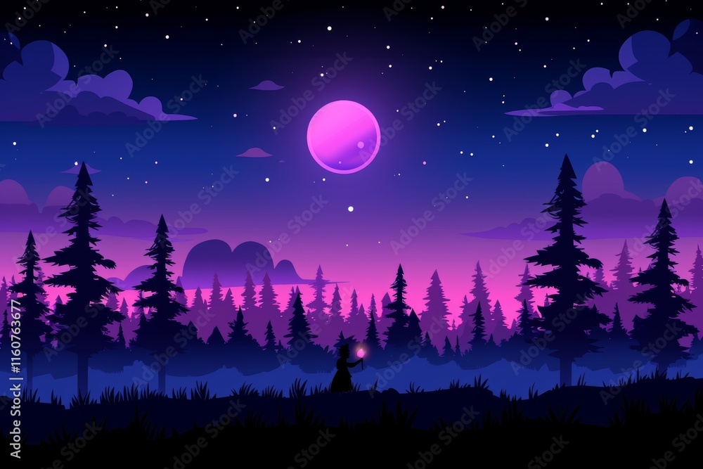 Naklejka premium Vibrant night sky over a tranquil forest with a glowing moon and colorful clouds