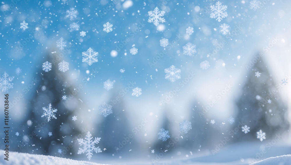 Naklejka premium Magical winter wonderland with delicate snowflakes gently falling over serene white landscape and evergreen trees under a bright blue sky