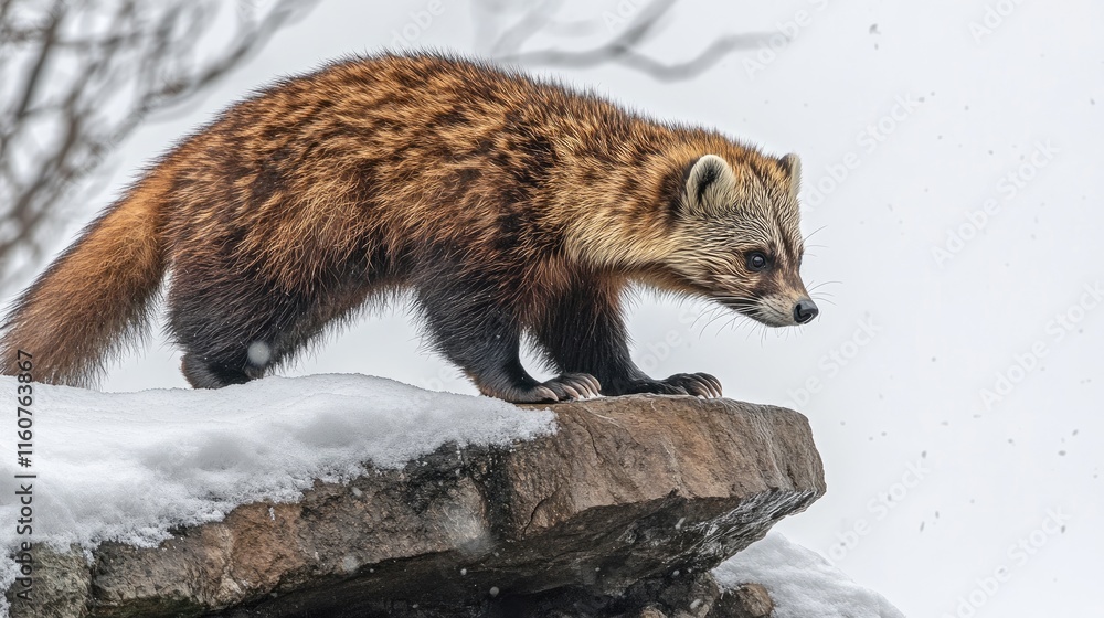 Naklejka premium A wild animal with a bushy tail stands on a rock covered in snow.