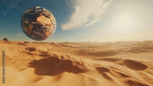 Fototapeta Naklejka Na Ścianę i Meble -  Desolate Earth: A surreal landscape depicting a parched desert with a seemingly floating Earth above, symbolizing environmental crisis and the fragility of our planet.