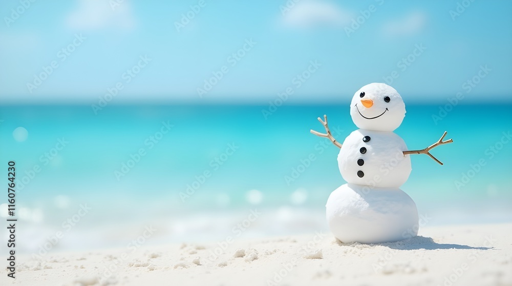 Winter vacation a happy snowman tourist enjoying the sun on a tropical beach Winter vacation a happy snowman tourist enjoying the sun on a tropical beach