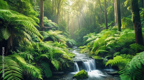 Serene jungle scene with a clear stream surrounded by dense greenery, sunlight streaming through the foliage, and a tranquil rainforest atmosphere.