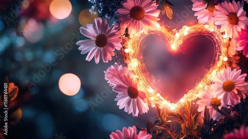 A glowing heart made of lights surrounded by daisies, creating a whimsical and romantic atmosphere.