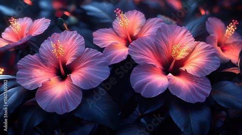 Abstract tropical flowers create a bright wallpaper with cyberpunk digital art. This futuristic design features hibiscus and floral arrangements on a dark background with vibrant colors