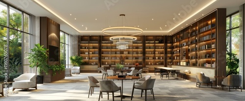 Luxurious library lounge with elegant furnishings.