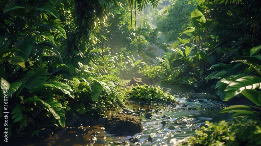 Serene jungle scene with a clear stream surrounded by dense greenery, sunlight streaming through the foliage, and a tranquil rainforest atmosphere. Serene jungle scene with a clear stream surrounded by dense greenery, sunlight streaming through the foliage, and a tranquil rainforest atmosphere.