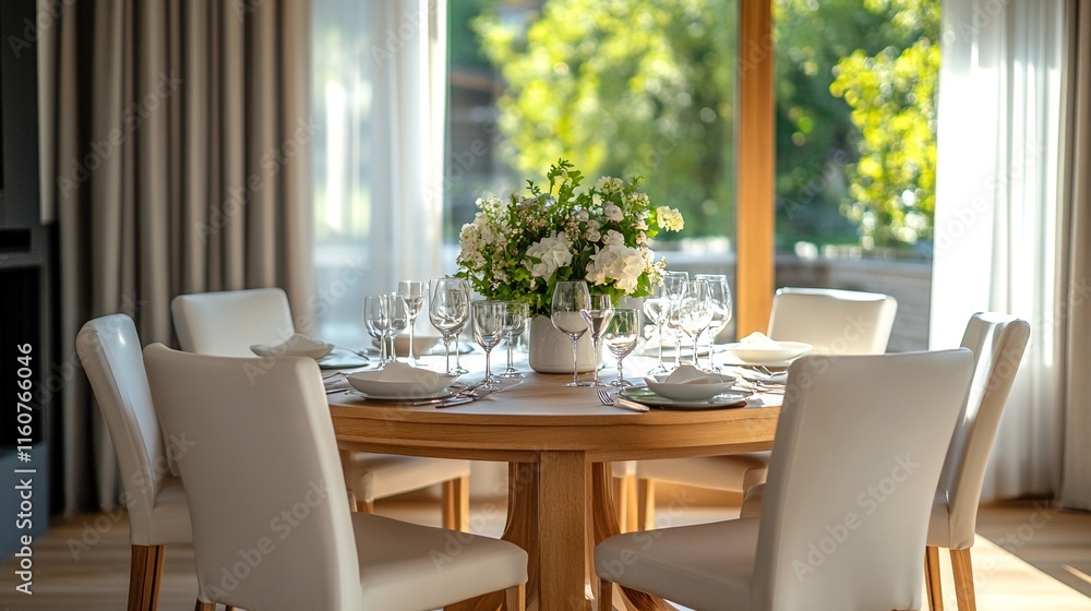 A round wooden dining table set with white plates, wine glasses, and silverware, surrounded by six white chairs, with a vase of white flowers on the table as the centerpiece. A round wooden dining table set with white plates, wine glasses, and silverware, surrounded by six white chairs, with a vase of white flowers on the table as the centerpiece.