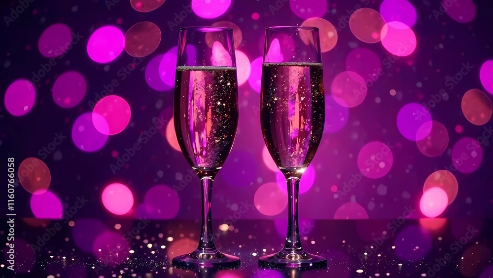 Two champagne glasses against a backdrop of sparkling bokeh lights and purple hues. Festive scene Two champagne glasses against a backdrop of sparkling bokeh lights and purple hues. Festive scene