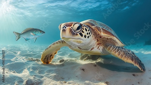 A sea turtle swimming peacefully in shallow waters, accompanied by a remora fish. - photo