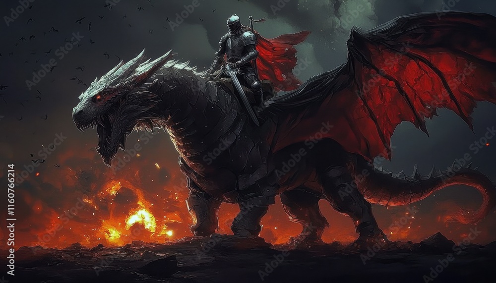 Surreal artistry featuring a brave warrior and a gigantic dragon. Surreal artistry featuring a brave warrior and a gigantic dragon.