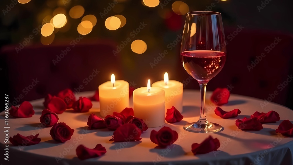 Romantic dinner with candles, wine and rose petals on the table, Valentine's Day Romantic dinner with candles, wine and rose petals on the table, Valentine's Day