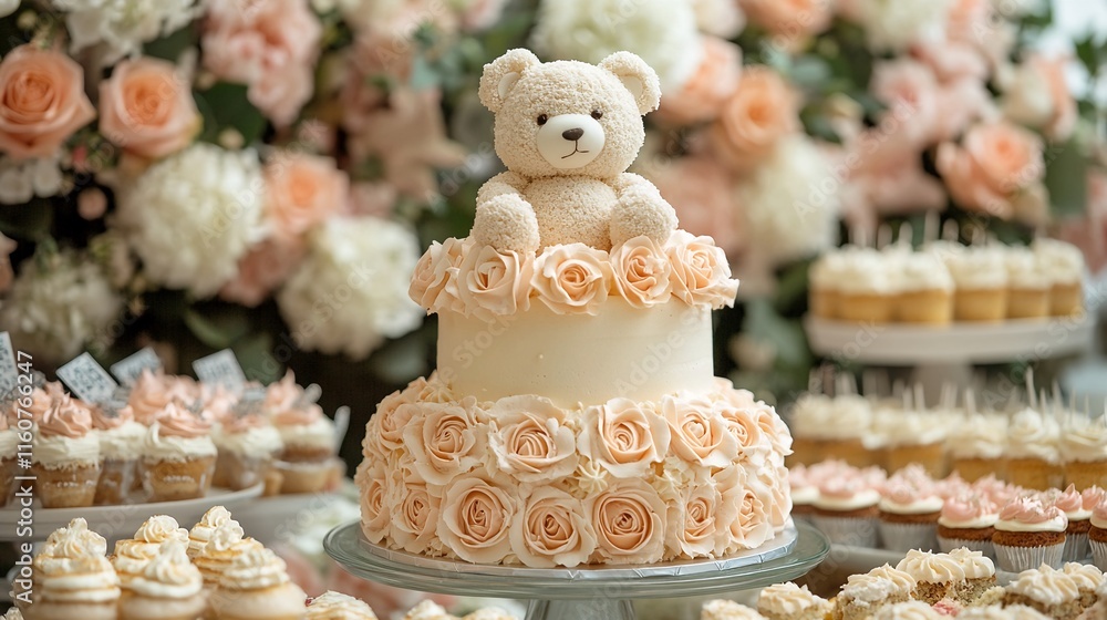 Two-tiered cake with pink icing roses and teddy bear on top. Two-tiered cake with pink icing roses and teddy bear on top.