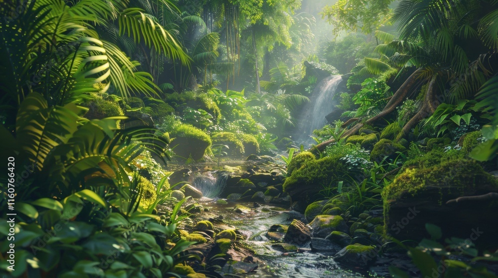 Serene jungle scene with a clear stream surrounded by dense greenery, sunlight streaming through the foliage, and a tranquil rainforest atmosphere. Serene jungle scene with a clear stream surrounded by dense greenery, sunlight streaming through the foliage, and a tranquil rainforest atmosphere.