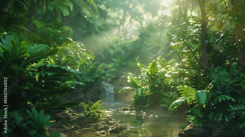 Serene jungle scene with a clear stream surrounded by dense greenery, sunlight streaming through the foliage, and a tranquil rainforest atmosphere. Serene jungle scene with a clear stream surrounded by dense greenery, sunlight streaming through the foliage, and a tranquil rainforest atmosphere.
