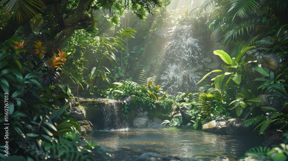 Fototapeta premium Serene jungle scene with a clear stream surrounded by dense greenery, sunlight streaming through the foliage, and a tranquil rainforest atmosphere.