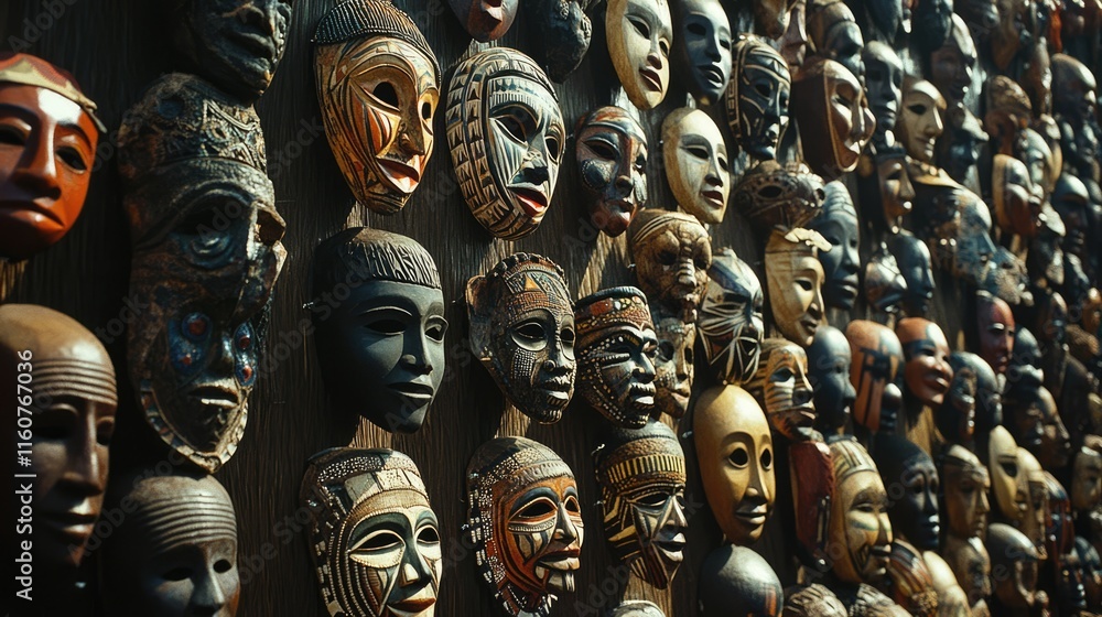 African Masks Displayed on Wooden Wall African Masks Displayed on Wooden Wall