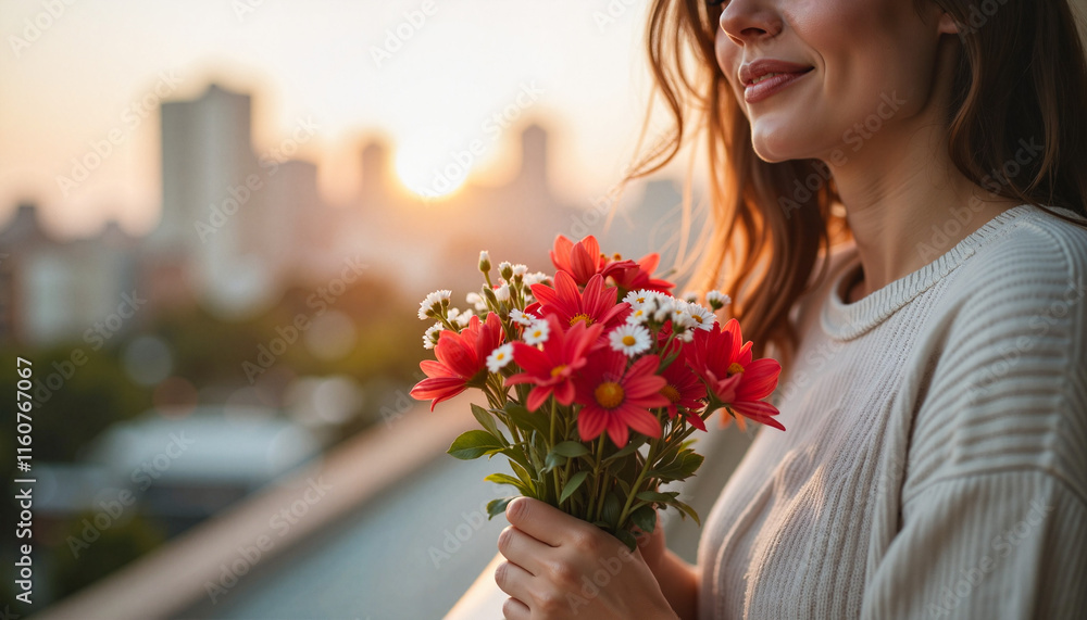 Woman smiling with flowers against a sunset city background Woman smiling with flowers against a sunset city background