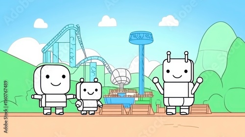 Three cheerful cartoon robots stand in an amusement park, with attractions like roller coasters and a drop tower in the background under a bright blue sky. photo