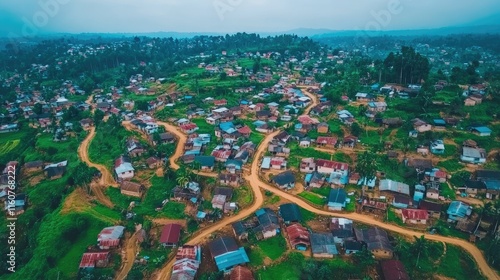 Aerial view of a rural landscape with winding roads and clustered houses amidst greenery.