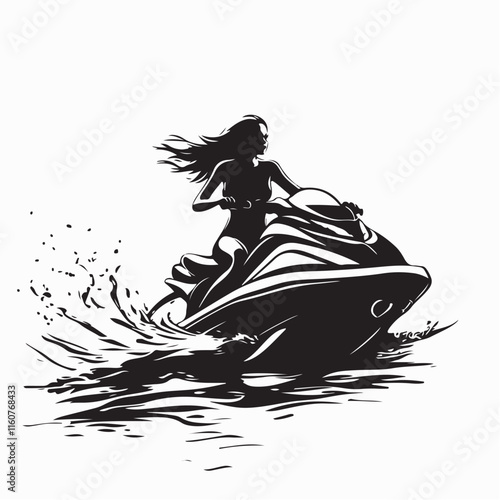 Jet ski woman silhouette. Fearless Woman Riding a Jet ski with Skill and Energy on the Ocean Waves Vector Illustration