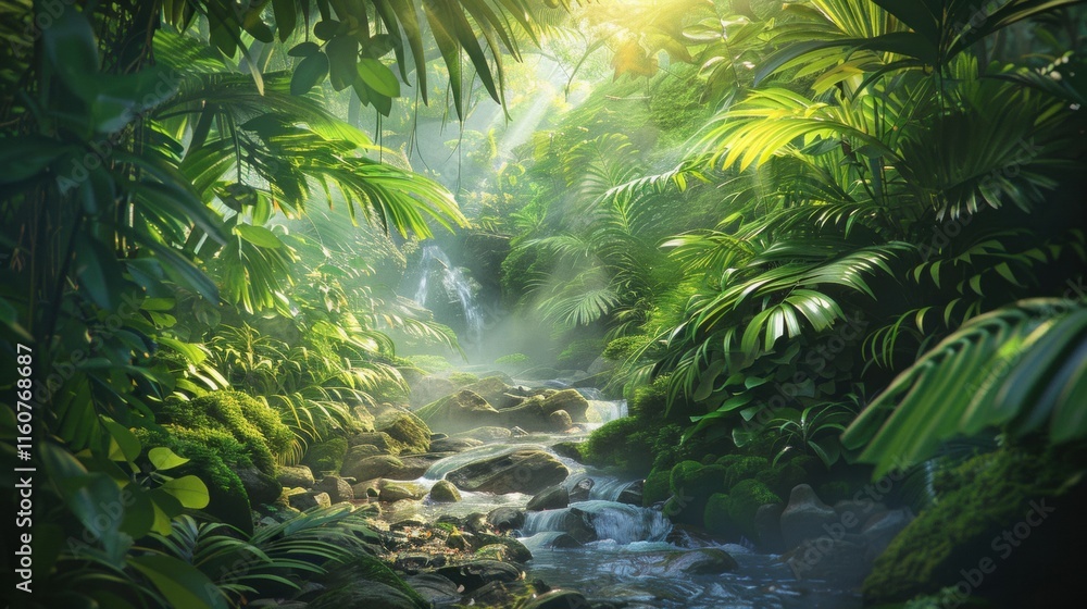 Fototapeta premium Serene jungle scene with a clear stream surrounded by dense greenery, sunlight streaming through the foliage, and a tranquil rainforest atmosphere.