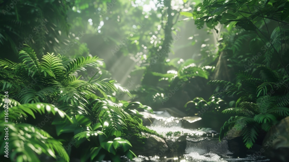 Fototapeta premium Serene jungle scene with a clear stream surrounded by dense greenery, sunlight streaming through the foliage, and a tranquil rainforest atmosphere.