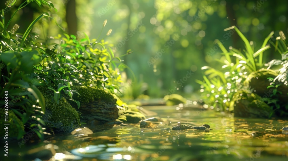 Serene jungle scene with a clear stream surrounded by dense greenery, sunlight streaming through the foliage, and a tranquil rainforest atmosphere. Serene jungle scene with a clear stream surrounded by dense greenery, sunlight streaming through the foliage, and a tranquil rainforest atmosphere.