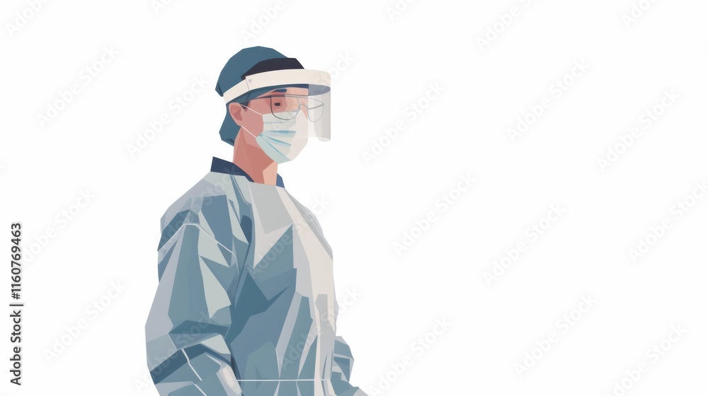A professional healthcare worker wearing a protective surgical gown, mask, and goggles, standing tall with a focused and calm expression on a white backdrop A professional healthcare worker wearing a protective surgical gown, mask, and goggles, standing tall with a focused and calm expression on a white backdrop