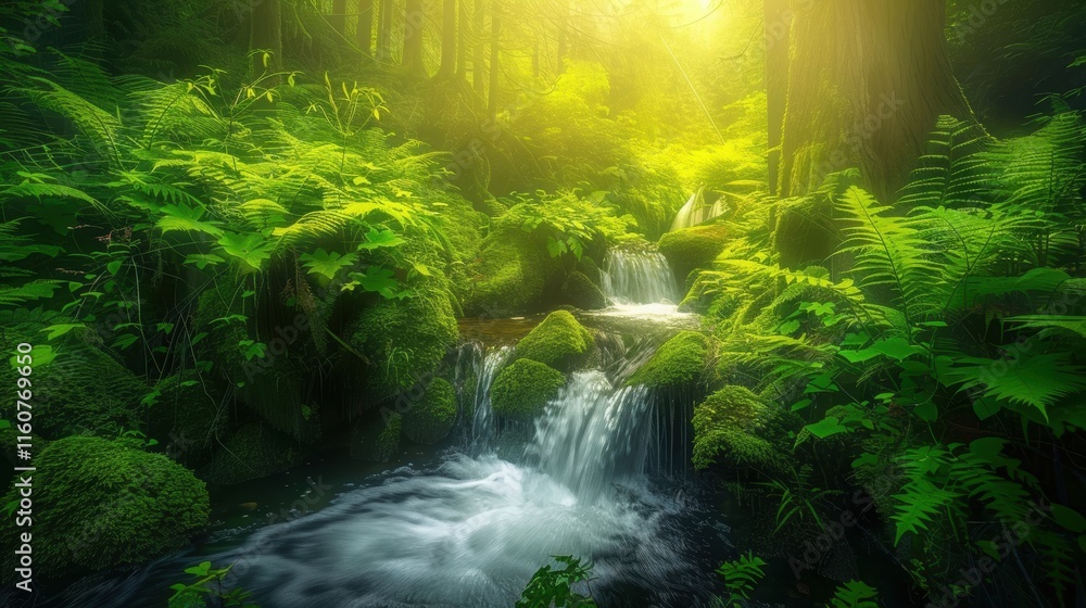 Fototapeta premium Serene jungle scene with a clear stream surrounded by dense greenery, sunlight streaming through the foliage, and a tranquil rainforest atmosphere. 