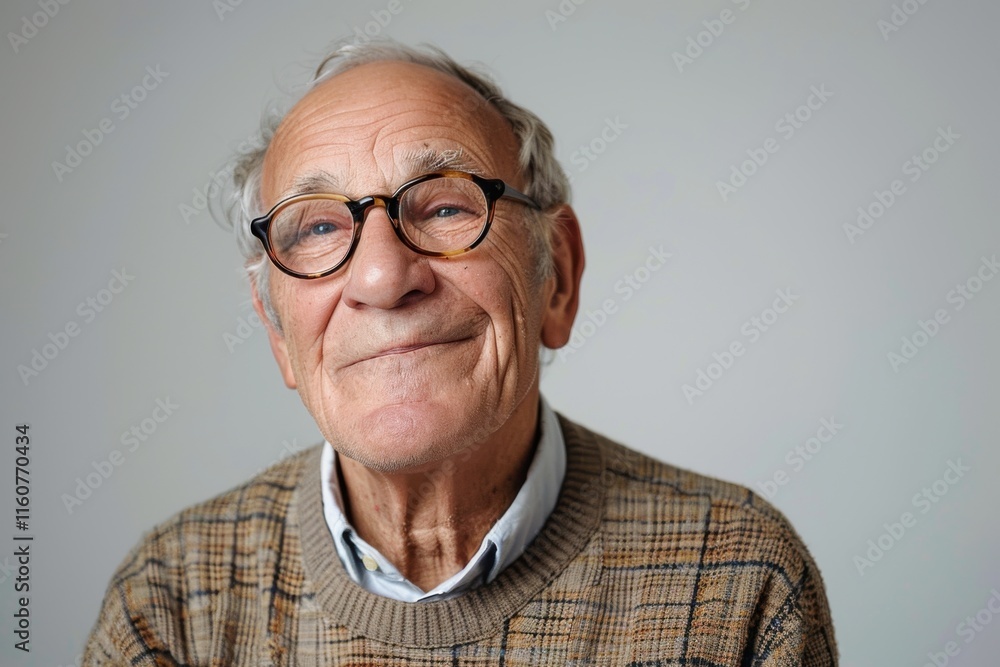 A relaxed and confident elderly man with glasses, his friendly smile symbolizing wisdom and approachability, isolated on a seamless white background A relaxed and confident elderly man with glasses, his friendly smile symbolizing wisdom and approachability, isolated on a seamless white background