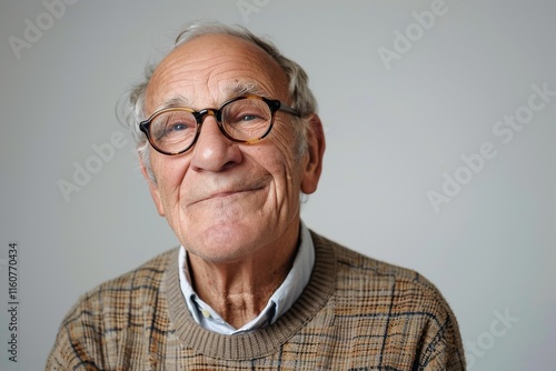 A relaxed and confident elderly man with glasses, his friendly smile symbolizing wisdom and approachability, isolated on a seamless white background