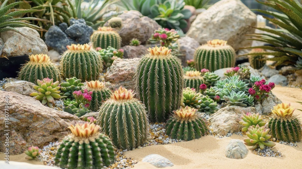 Diverse Collection of Cacti in a Small Garden with Various Species and Sizes, Creating a Beautiful and Unique Botanical Display. Diverse Collection of Cacti in a Small Garden with Various Species and Sizes, Creating a Beautiful and Unique Botanical Display.