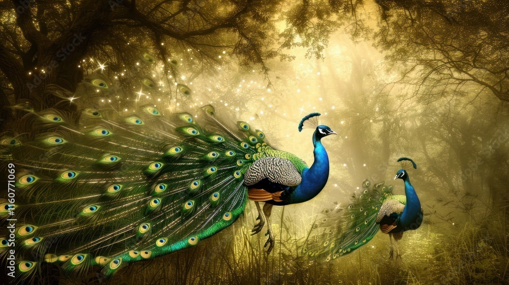 Obraz premium Two peacocks in a mystical forest.
