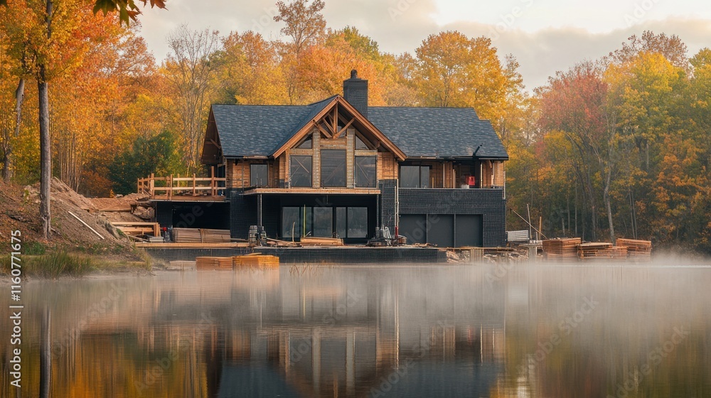 Modern log cabin under construction by lake at autumn. Modern log cabin under construction by lake at autumn.