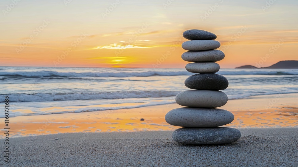 Stacked Rocks Gleaming in Sunset Light on Beach Stacked Rocks Gleaming in Sunset Light on Beach